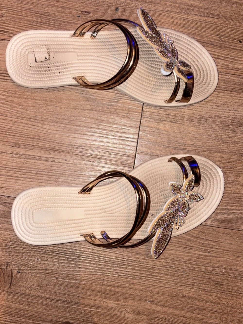 Fashion Nova White Slide Sandals with Gold Straps and Crystal Butterfly